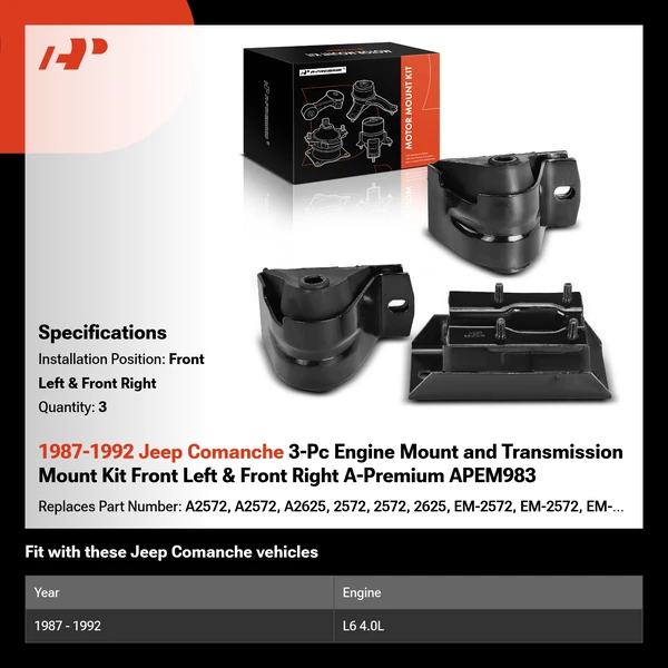 1987-1992 Jeep Comanche 3-Pc Engine Mount and Transmission Mount Kit Front Left & Front Right A-Premium APEM983