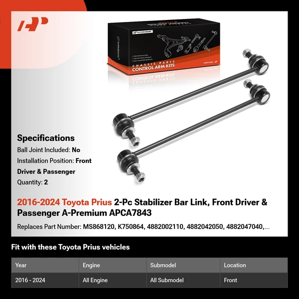 2016-2024 Toyota Prius 2-Pc Stabilizer Bar Link, Front Driver & Passenger A-Premium APCA7843