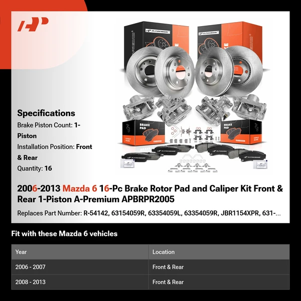 2006-2013 Mazda 6 16-Pc Brake Rotor Pad and Caliper Kit Front & Rear 1-Piston A-Premium APBRPR2005