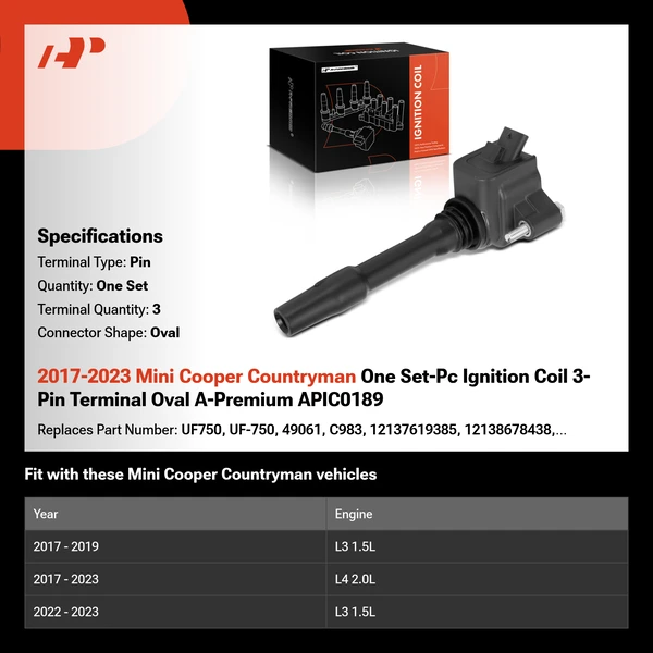 2017-2023 Mini Cooper Countryman One Set-Pc Ignition Coil 3-Pin Terminal Oval A-Premium APIC0189