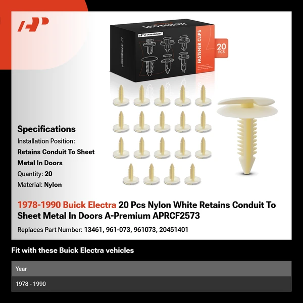 1978-1990 Buick Electra 20 Pcs Nylon White Retains Conduit To Sheet Metal In Doors A-Premium APRCF2573
