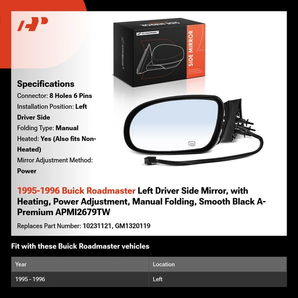 1995-1996 Buick Roadmaster Left Driver Side Mirror, with Heating, Power Adjustment, Manual Folding, Smooth Black A-Premium APMI2679TW