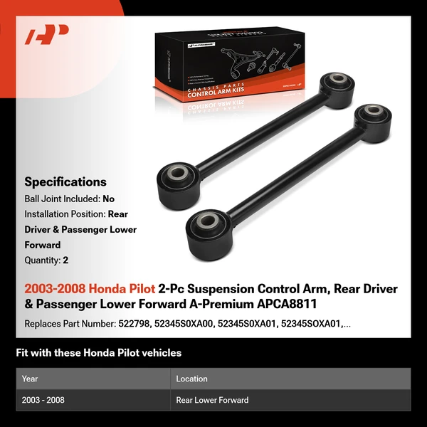 2003-2008 Honda Pilot 2-Pc Suspension Control Arm, Rear Driver & Passenger Lower Forward A-Premium APCA8811