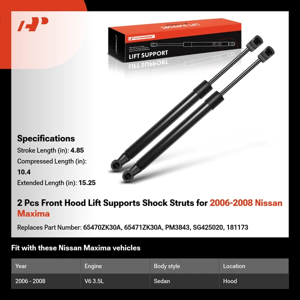 2 Pcs Front Hood Lift Supports Shock Struts for 2006-2008 Nissan Maxima