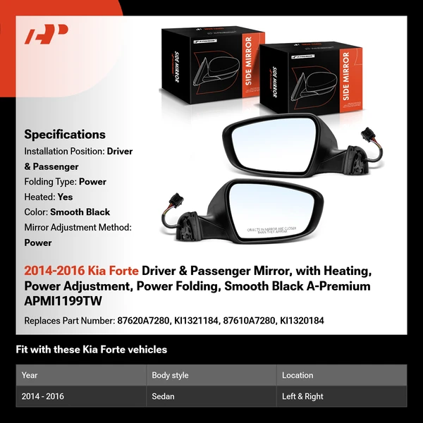 2014-2016 Kia Forte Driver & Passenger Mirror, with Heating, Power Adjustment, Power Folding, Smooth Black A-Premium APMI1199TW