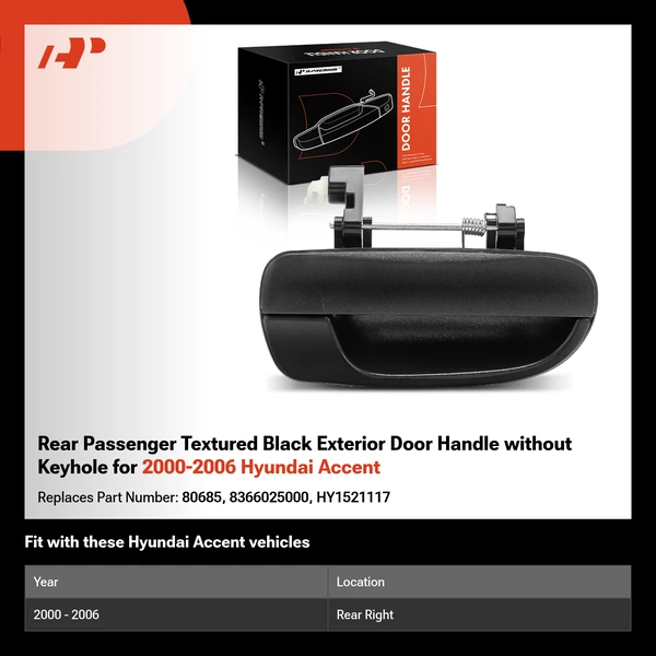 Rear Passenger Textured Black Exterior Door Handle without Keyhole for 2000-2006 Hyundai Accent
