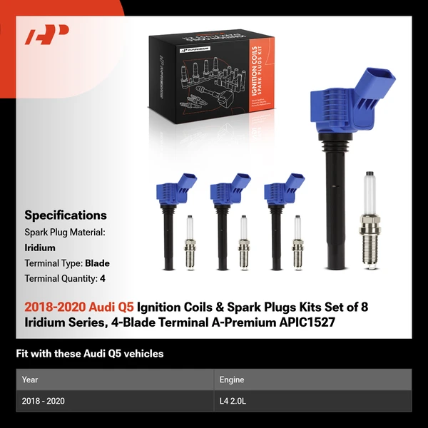 2018-2020 Audi Q5 Ignition Coils & Spark Plugs Kits Set of 8 Iridium Series, 4-Blade Terminal A-Premium APIC1527