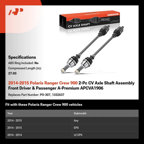 2014-2015 Polaris Ranger Crew 900 2-Pc CV Axle Shaft Assembly Front Driver & Passenger A-Premium APCVA1906