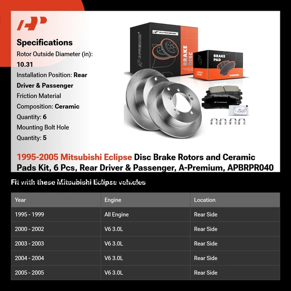 1995-2005 Mitsubishi Eclipse Disc Brake Rotors and Ceramic Pads Kit, 6 Pcs, Rear Driver & Passenger, A-Premium, APBRPR040