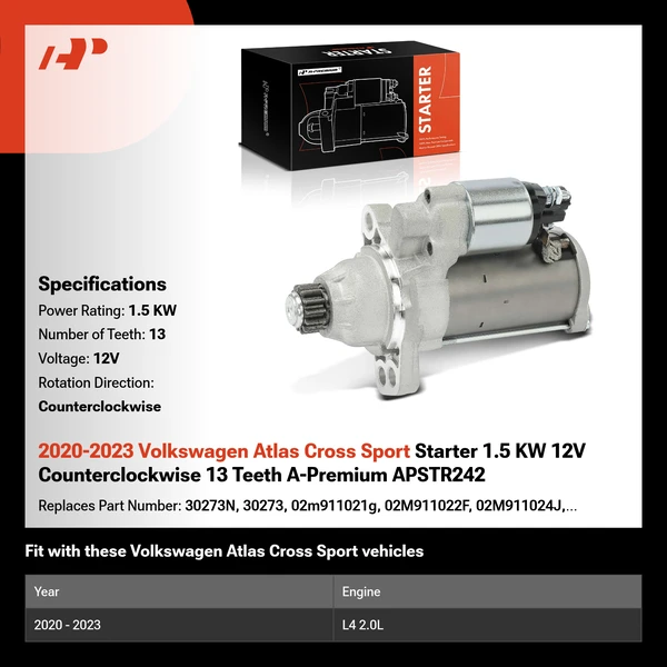 2020-2023 Volkswagen Atlas Cross Sport Starter 1.5 KW 12V Counterclockwise 13 Teeth A-Premium APSTR242