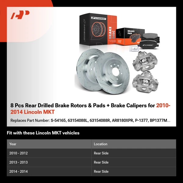 8 Pcs Rear Drilled Brake Rotors & Pads + Brake Calipers for 2010-2014 Lincoln MKT