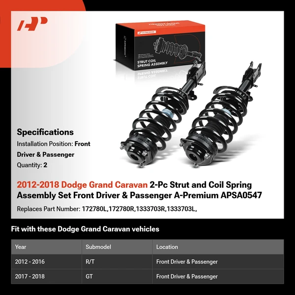 2012-2018 Dodge Grand Caravan 2-Pc Strut and Coil Spring Assembly Set Front Driver & Passenger A-Premium APSA0547