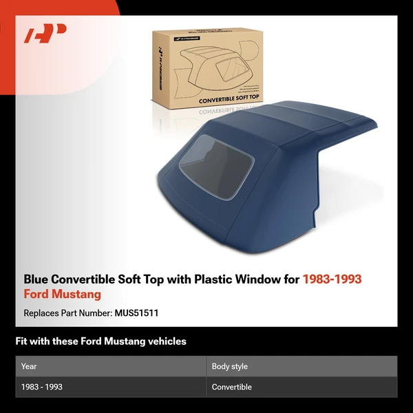 Blue Convertible Soft Top with Plastic Window for 1983-1993 Ford Mustang
