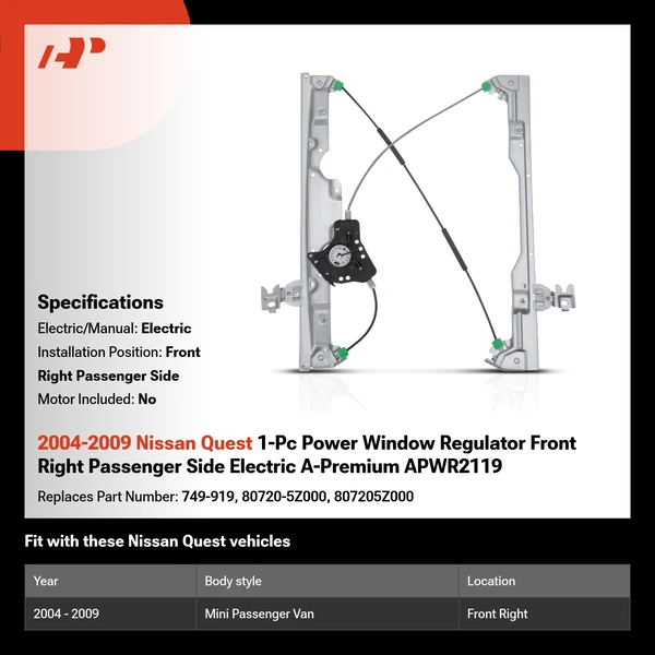2004-2009 Nissan Quest 1-Pc Power Window Regulator Front Right Passenger Side Electric A-Premium APWR2119