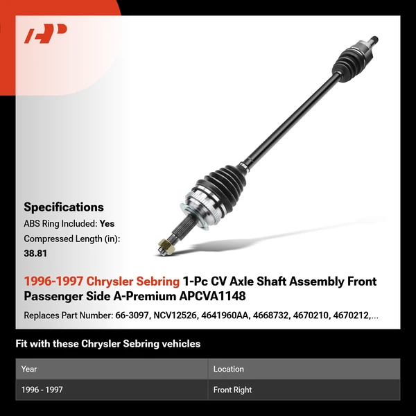 1996-1997 Chrysler Sebring 1-Pc CV Axle Shaft Assembly Front Passenger Side A-Premium APCVA1148