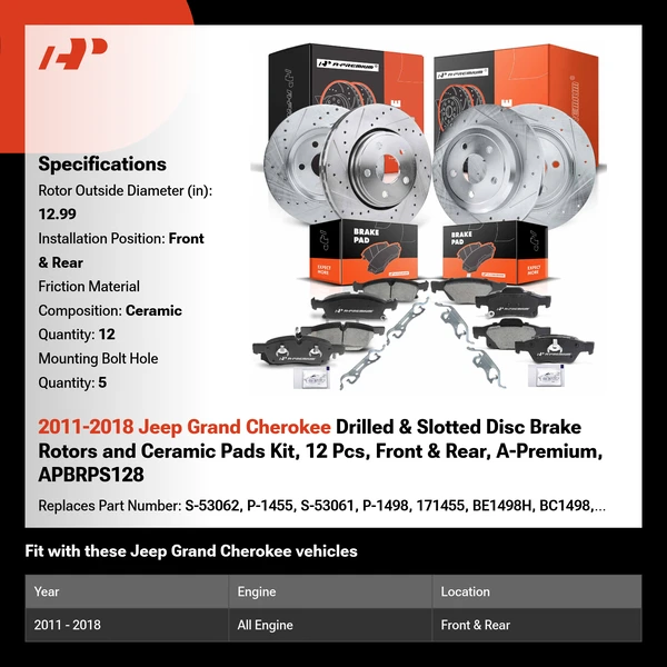 2011-2018 Jeep Grand Cherokee Drilled & Slotted Disc Brake Rotors and Ceramic Pads Kit, 12 Pcs, Front & Rear, A-Premium, APBRPS128