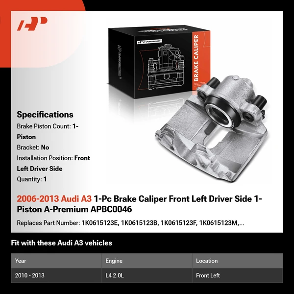 2006-2013 Audi A3 1-Pc Brake Caliper Front Left Driver Side 1-Piston A-Premium APBC0046