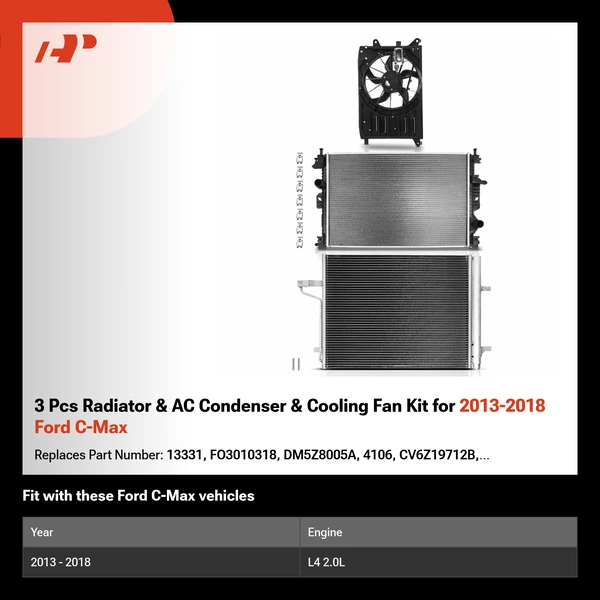 3 Pcs Radiator & AC Condenser & Cooling Fan Kit for 2013-2018 Ford C-Max