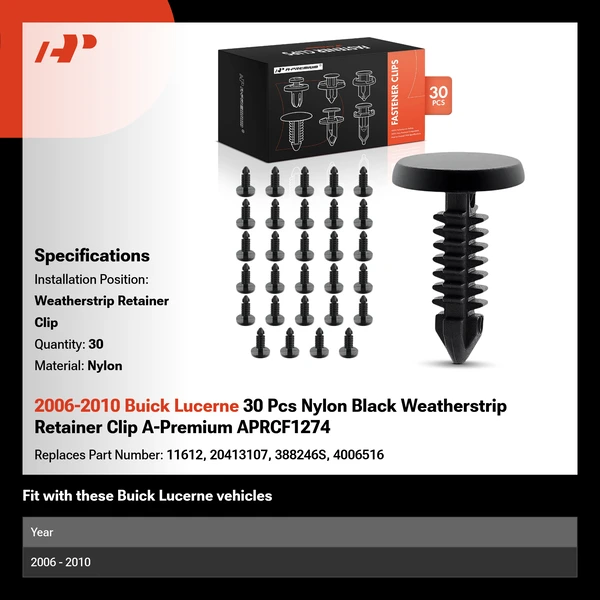 2006-2010 Buick Lucerne 30 Pcs Nylon Black Weatherstrip Retainer Clip A-Premium APRCF1274