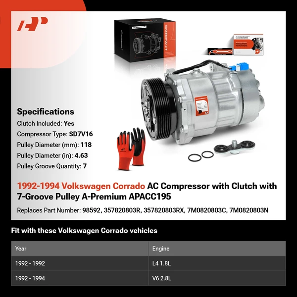 1992-1994 Volkswagen Corrado AC Compressor with Clutch with 7-Groove Pulley A-Premium APACC195