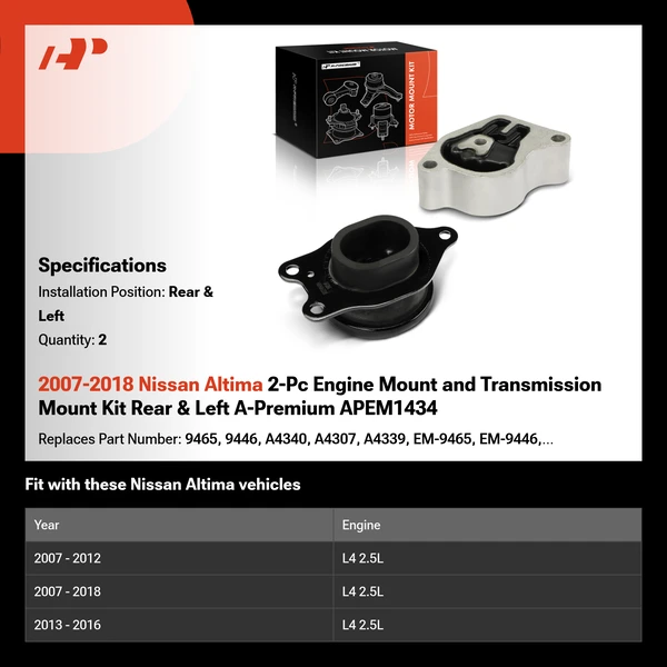 2007-2018 Nissan Altima 2-Pc Engine Mount and Transmission Mount Kit Rear & Left A-Premium APEM1434