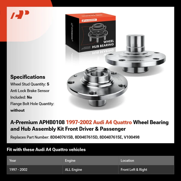A-Premium APHB0108 1997-2002 Audi A4 Quattro Wheel Bearing and Hub Assembly Kit Front Driver & Passenger