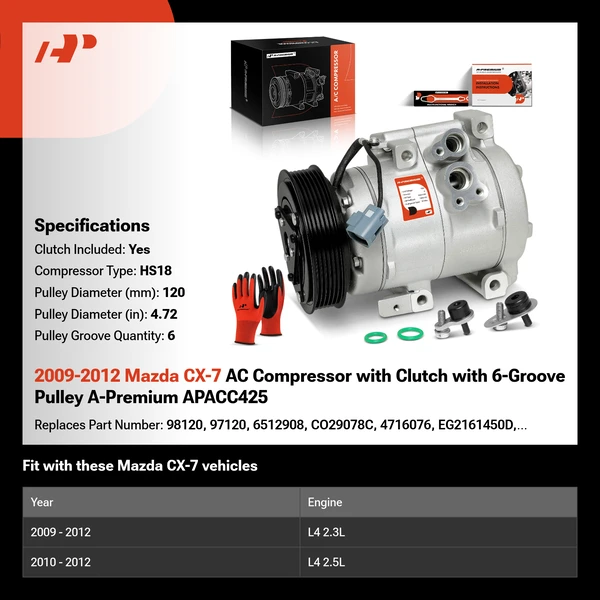 2009-2012 Mazda CX-7 AC Compressor with Clutch with 6-Groove Pulley A-Premium APACC425