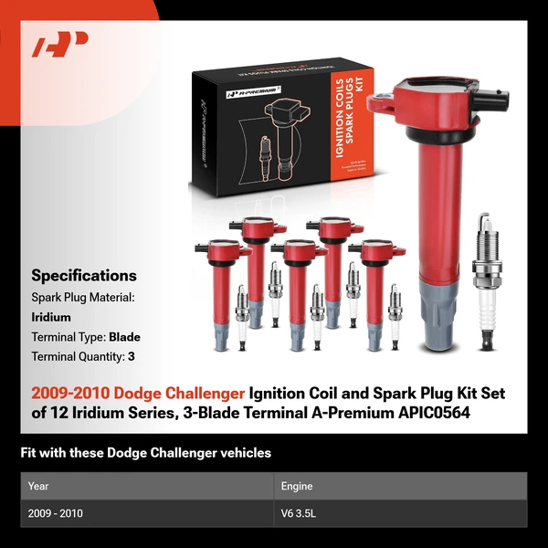 2009-2010 Dodge Challenger Ignition Coil and Spark Plug Kit Set of 12 Iridium Series, 3-Blade Terminal A-Premium APIC0564