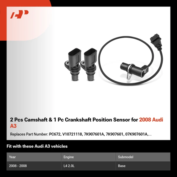 2 Pcs Camshaft & 1 Pc Crankshaft Position Sensor for 2008 Audi A3