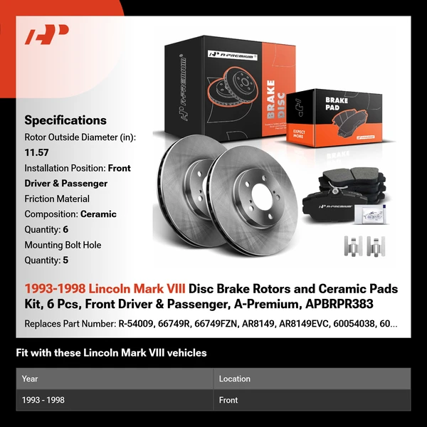 1993-1998 Lincoln Mark VIII Disc Brake Rotors and Ceramic Pads Kit, 6 Pcs, Front Driver & Passenger, A-Premium, APBRPR383
