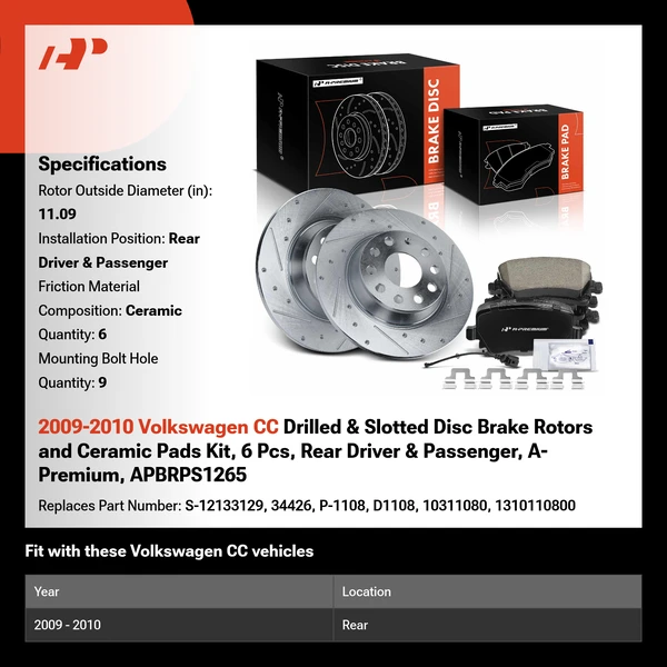 2009-2010 Volkswagen CC Drilled & Slotted Disc Brake Rotors and Ceramic Pads Kit, 6 Pcs, Rear Driver & Passenger, A-Premium, APBRPS1265
