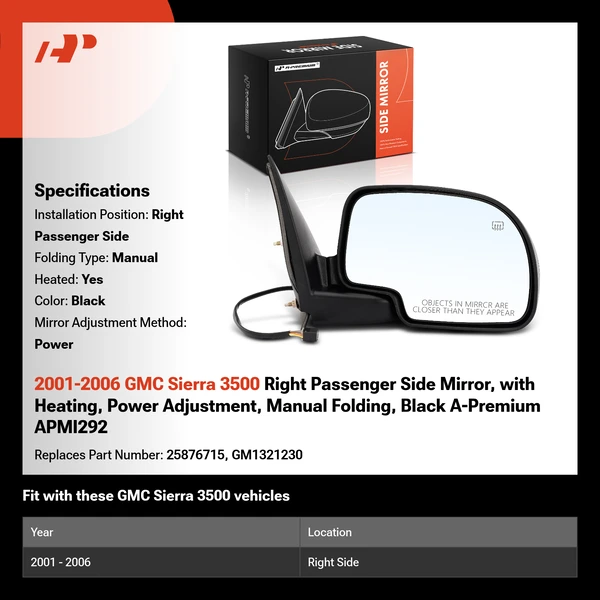 2001-2006 GMC Sierra 3500 Right Passenger Side Mirror, with Heating, Power Adjustment, Manual Folding, Black A-Premium APMI292