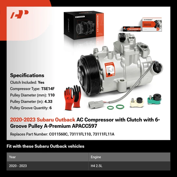 2020-2023 Subaru Outback AC Compressor with Clutch with 6-Groove Pulley A-Premium APACC597