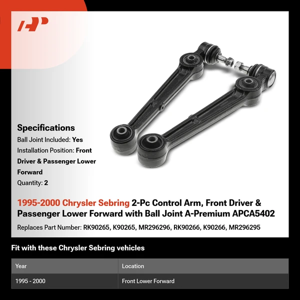 1995-2000 Chrysler Sebring 2-Pc Control Arm, Front Driver & Passenger Lower Forward with Ball Joint A-Premium APCA5402