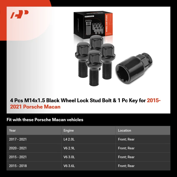 4 Pcs M14x1.5 Black Wheel Lock Stud Bolt & 1 Pc Key for 2015-2021 Porsche Macan