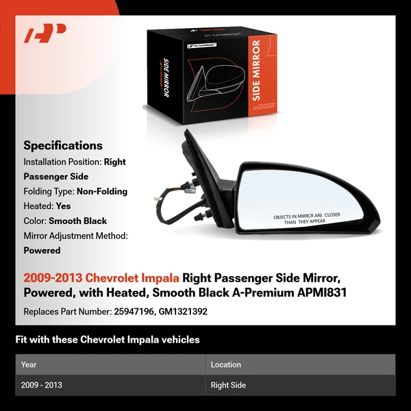 2009-2013 Chevrolet Impala Right Passenger Side Mirror, Powered, with Heated, Smooth Black A-Premium APMI831