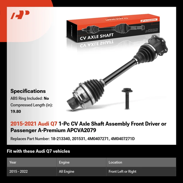 2015-2021 Audi Q7 1-Pc CV Axle Shaft Assembly Front Driver or Passenger A-Premium APCVA2079