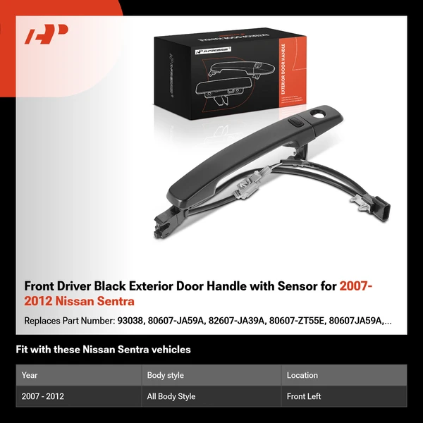 Front Driver Black Exterior Door Handle with Sensor for 2007-2012 Nissan Sentra