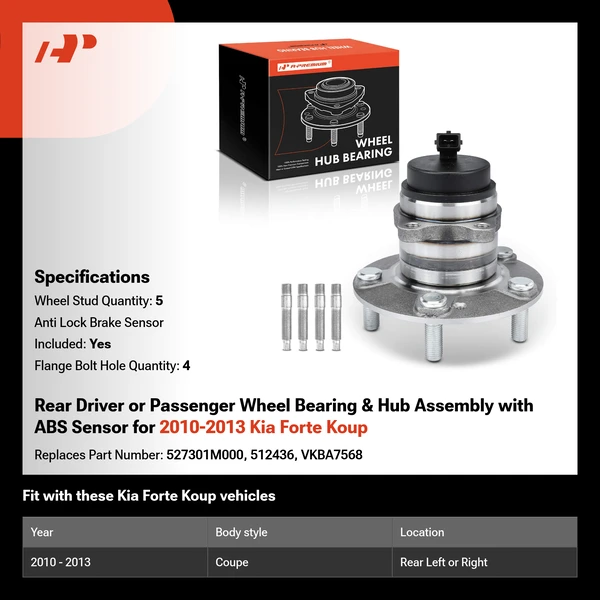 Rear Driver or Passenger Wheel Bearing & Hub Assembly with ABS Sensor for 2010-2013 Kia Forte Koup
