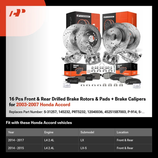 16 Pcs Front & Rear Drilled Brake Rotors & Pads + Brake Calipers for 2003-2007 Honda Accord
