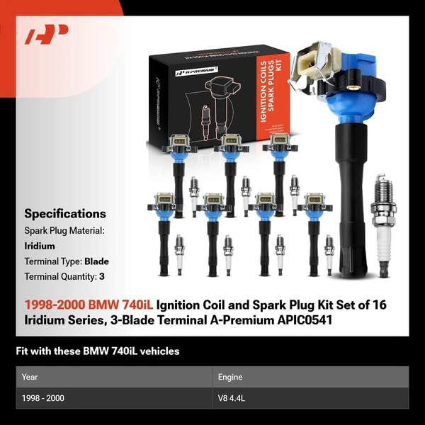 1998-2000 BMW 740iL Ignition Coil and Spark Plug Kit Set of 16 Iridium Series, 3-Blade Terminal A-Premium APIC0541