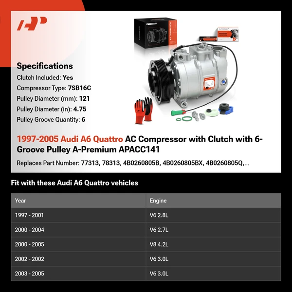 1997-2005 Audi A6 Quattro AC Compressor with Clutch with 6-Groove Pulley A-Premium APACC141
