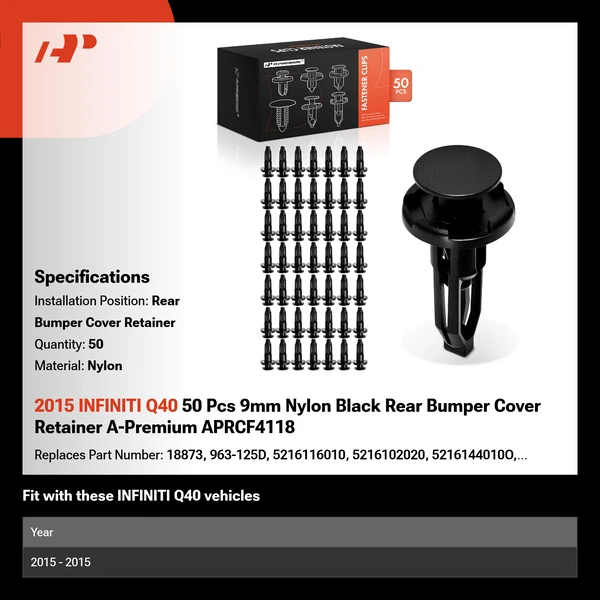 2015 INFINITI Q40 50 Pcs 9mm Nylon Black Rear Bumper Cover Retainer A-Premium APRCF4118
