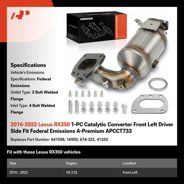 2016-2022 Lexus RX350 1-PC Catalytic Converter Front Left Driver Side Fit Federal Emissions A-Premium APCCT733