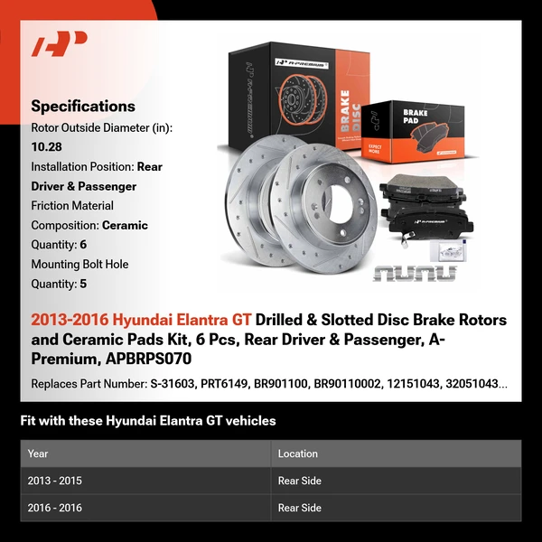2013-2016 Hyundai Elantra GT Drilled & Slotted Disc Brake Rotors and Ceramic Pads Kit, 6 Pcs, Rear Driver & Passenger, A-Premium, APBRPS070