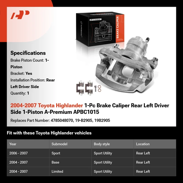 2004-2007 Toyota Highlander 1-Pc Brake Caliper Rear Left Driver Side 1-Piston A-Premium APBC1015