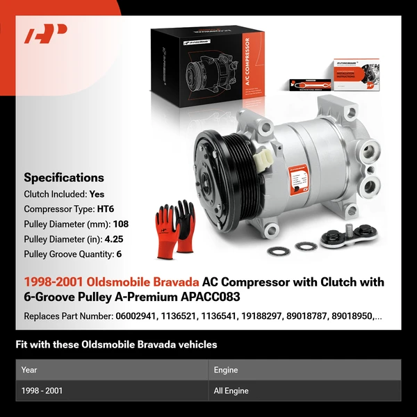 1998-2001 Oldsmobile Bravada AC Compressor with Clutch with 6-Groove Pulley A-Premium APACC083