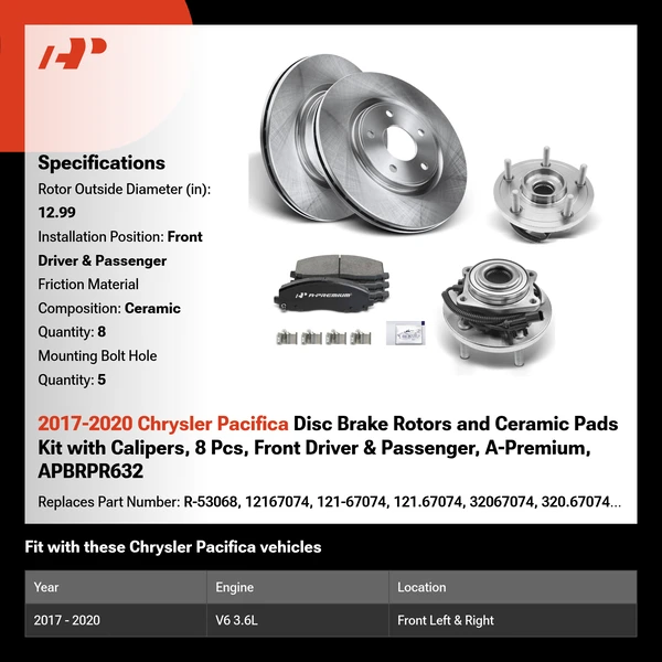 2017-2020 Chrysler Pacifica Disc Brake Rotors and Ceramic Pads Kit with Calipers, 8 Pcs, Front Driver & Passenger, A-Premium, APBRPR632
