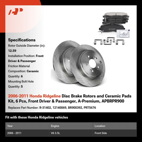 2006-2011 Honda Ridgeline Disc Brake Rotors and Ceramic Pads Kit, 6 Pcs, Front Driver & Passenger, A-Premium, APBRPR900