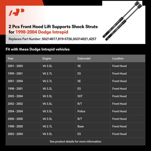 2 Pcs Front Hood Lift Supports Shock Struts for 1998-2004 Dodge Intrepid
